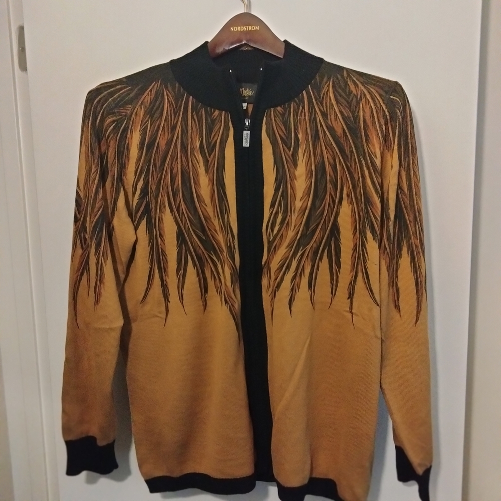 Bob Mackie Gold and Black Feather Design Cardigan